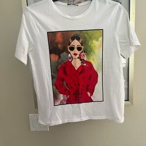 Zara White Tee with Red Graphic Design